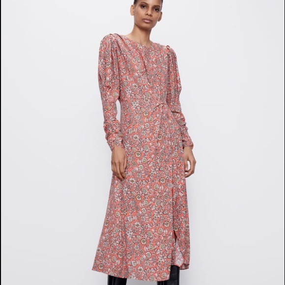 Zara FLORAL PRINTED DRAPED MIDI Flowy DRESS Long Sleeve Puff Shoulders Sz XS NEW - Picture 12 of 16